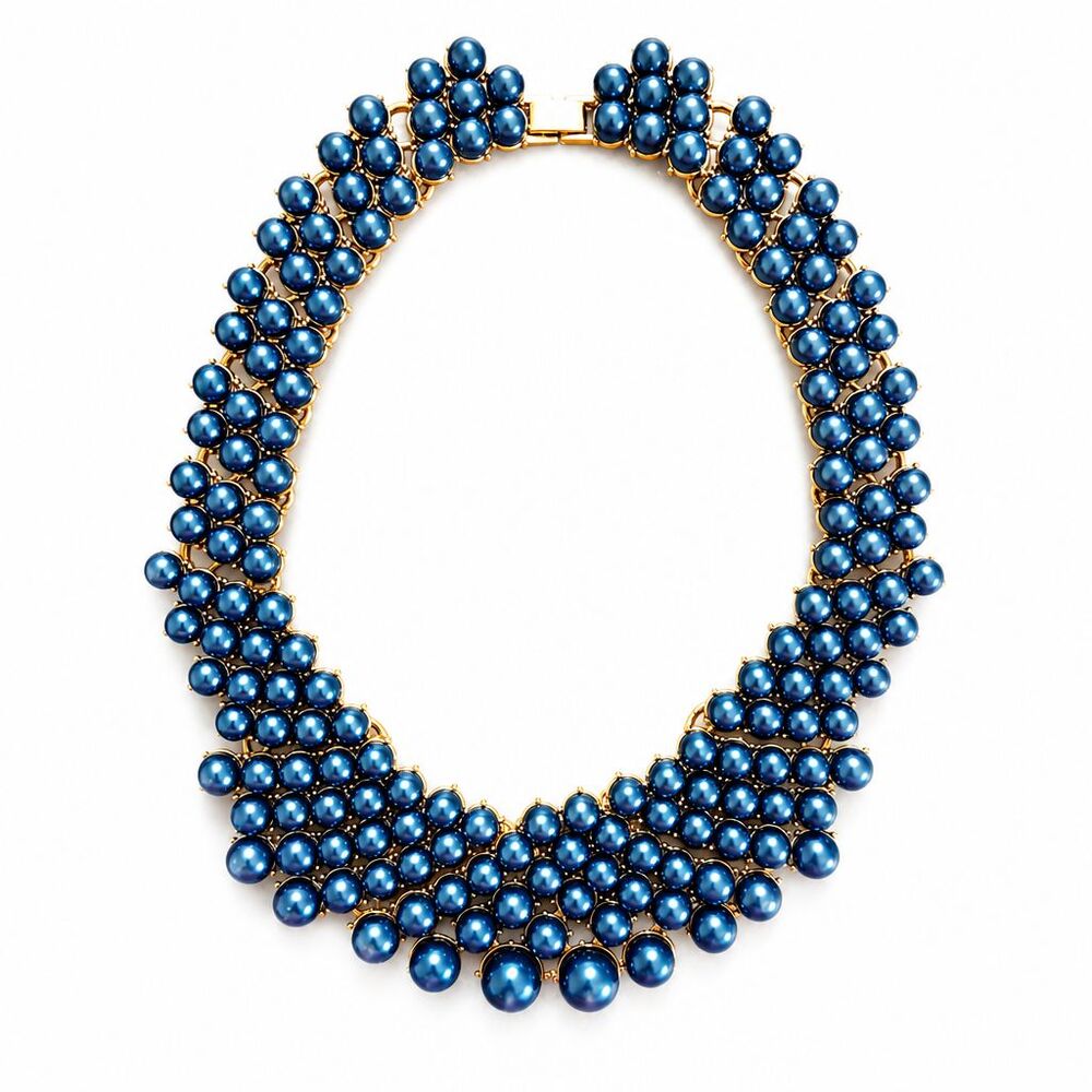 Eye Candy LA Emma Statement Necklace Navy Blue Faux Pearl Gold Tone Alloy 12"